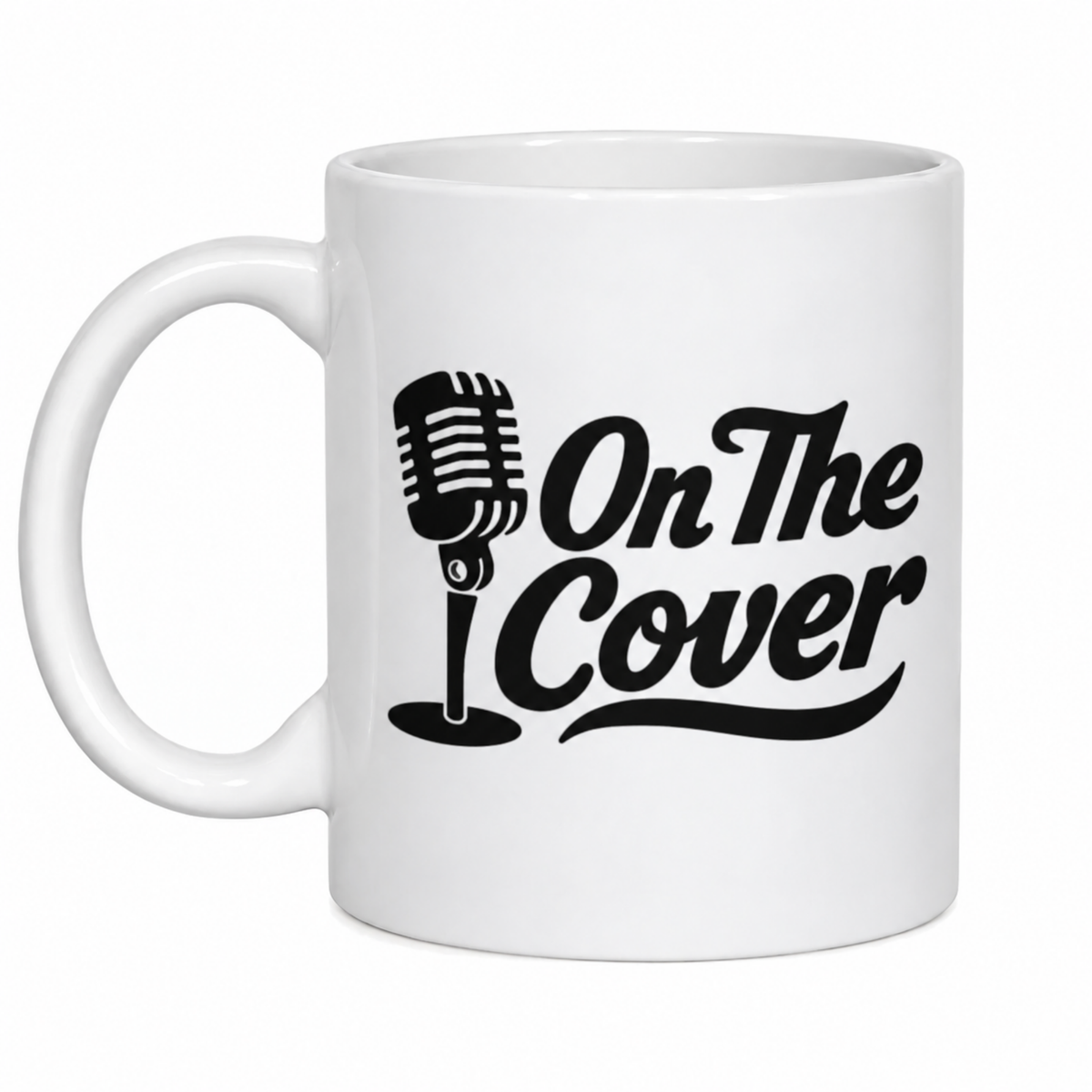 White 11oz mug printed with the black On The Cover microphone logo