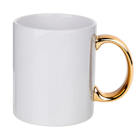 11 oz White Sublimation Mug – Gold Handle