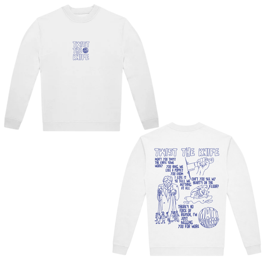 MATT HENNESSY – TWIST THE KNIFE SWEATSHIRT (WHITE / BLUE PRINT EDITION)