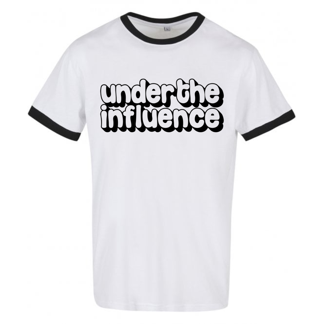 Under The Influence – White Ringer T-Shirt (Black Print)
