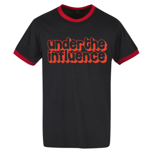 Under The Influence – Black Ringer T-Shirt (Red Print)
