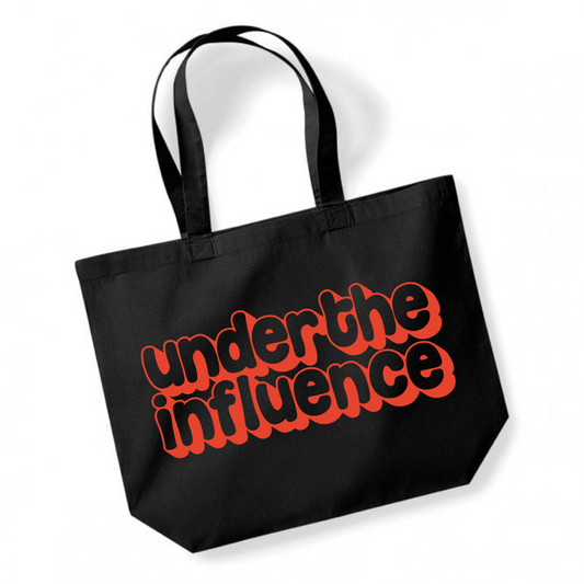 Under The Influence – Black Tote Bag (Red Print)