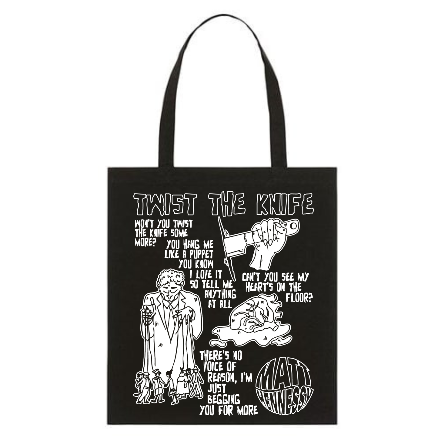 MATT HENNESSY – TWIST THE KNIFE TOTE BAG (BLACK / WHITE / WHITE-BLUE EDITION)