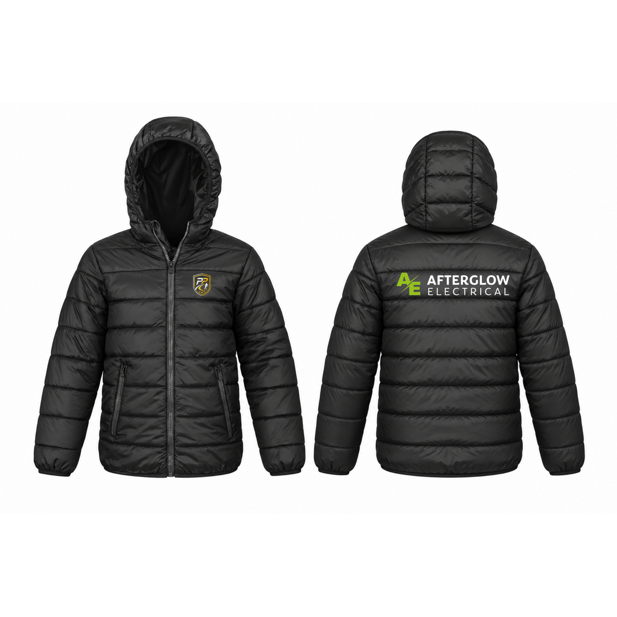 Prime Path Football Coaching kids' padded jacket in black with club crest on the chest and Afterglow Electrical logo on the back