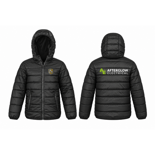 Prime Path Football Coaching kids' padded jacket in black with club crest on the chest and Afterglow Electrical logo on the back