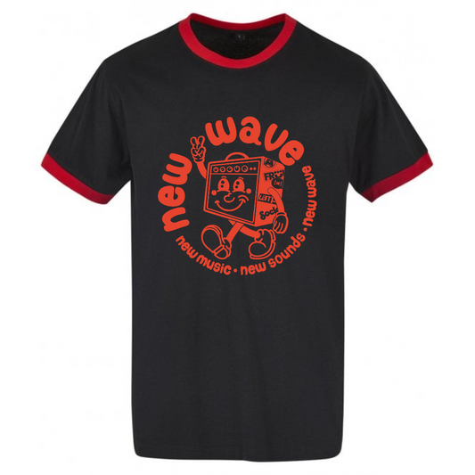 New Wave – Black Ringer T-Shirt (Red Print)