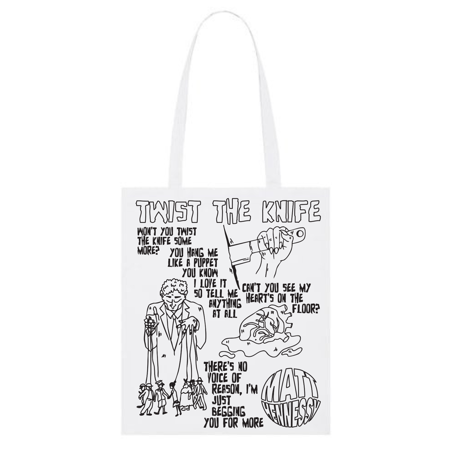 MATT HENNESSY – TWIST THE KNIFE TOTE BAG (BLACK / WHITE / WHITE-BLUE EDITION)