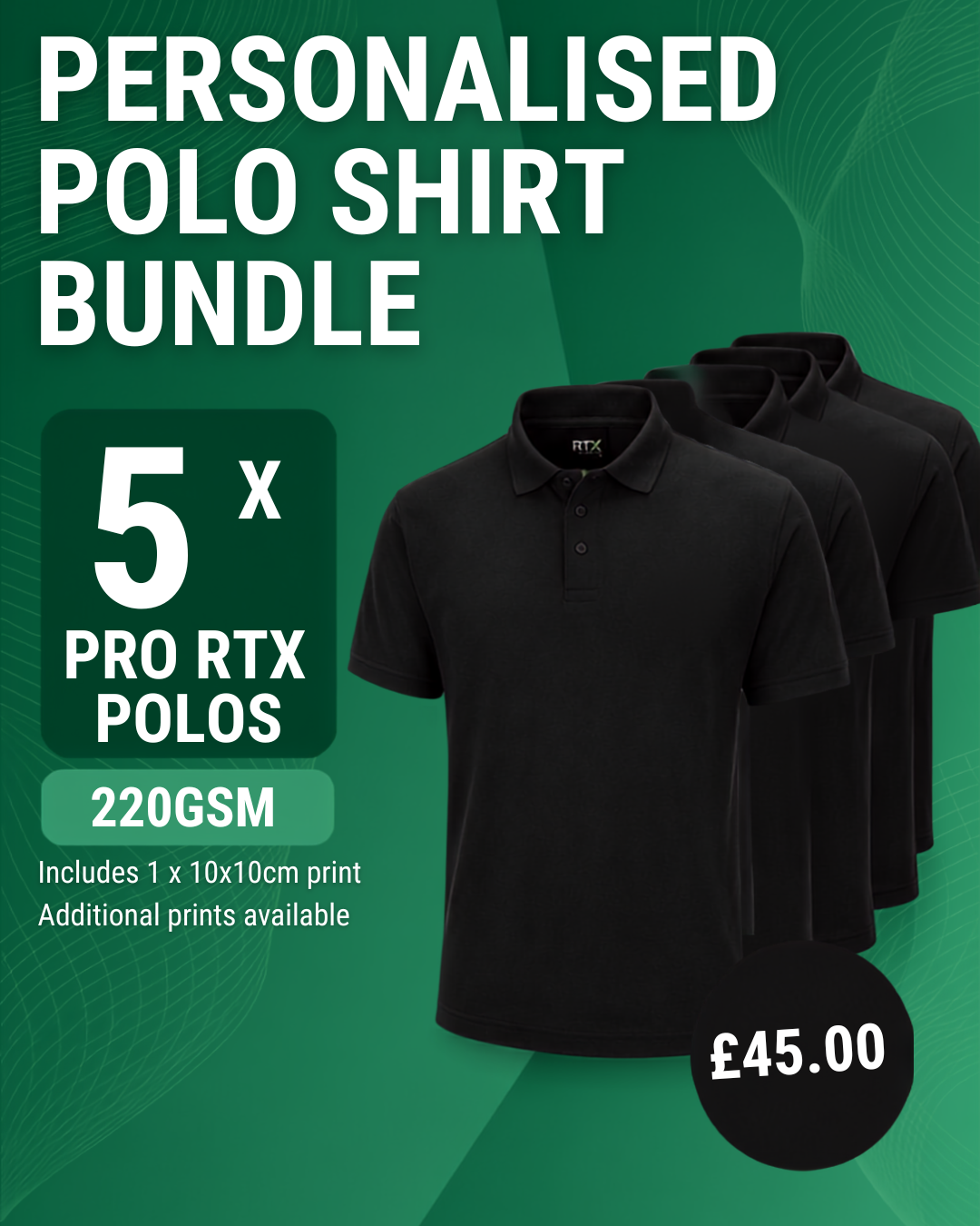 Personalised Polo Shirt Bundle - 5 x ProRTX Pro Polos, Custom Printed
