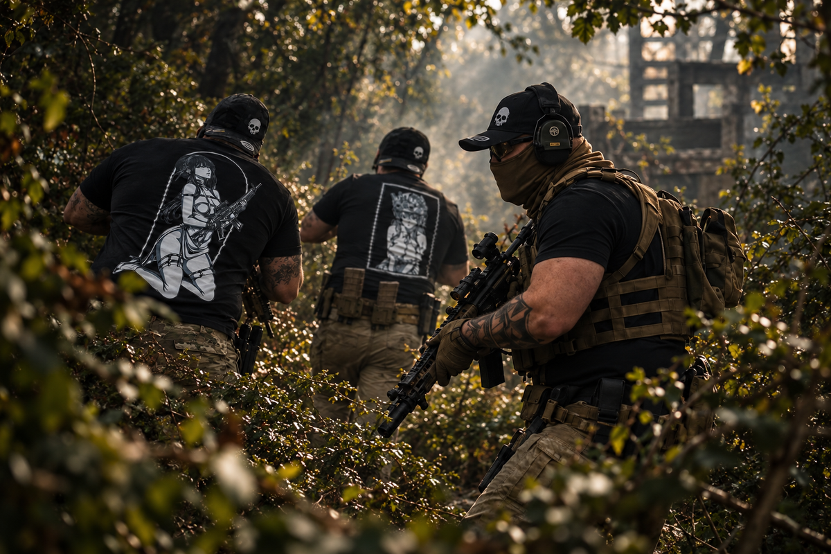 Three airsoft players moving together through woodland in black clothing and coyote gear.