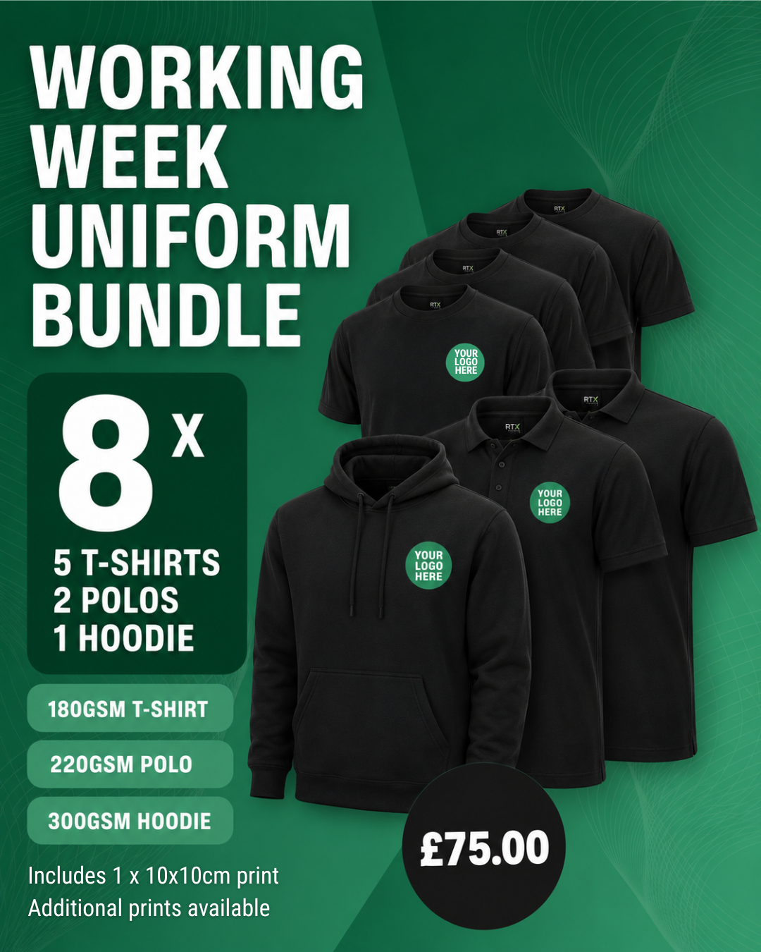 Working Week Uniform Bundle - 5 T-Shirts + 2 Polos + 1 Hoodie, Custom Printed