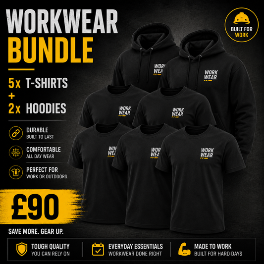 Custom Workwear Bundle – 5  T shirts or Polos & 2 Hoodies