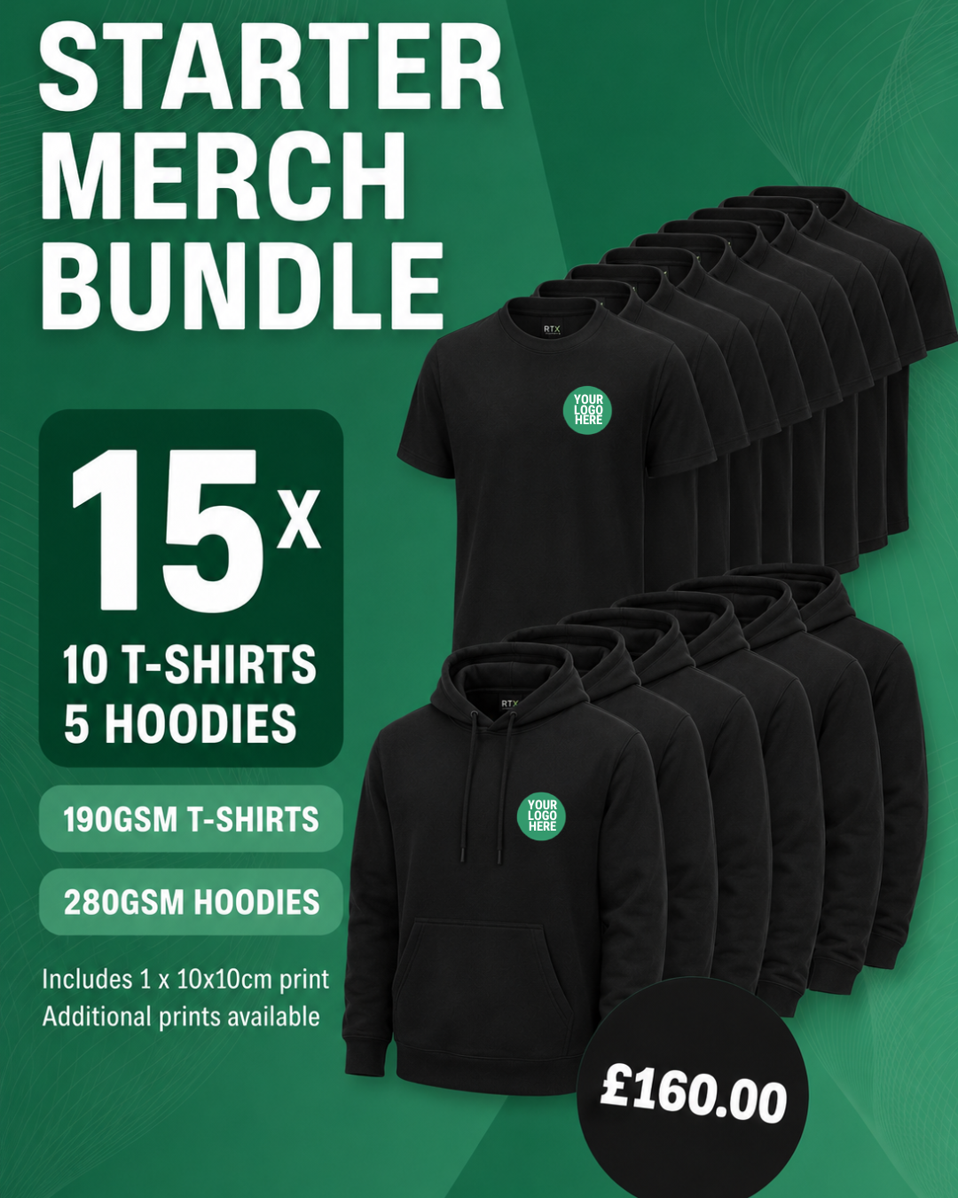 Starter Merch Bundle - 10 x B&C #E190 T-Shirts + 5 x B&C ID.333 Hoodies, Custom Printed