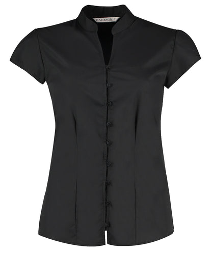 Kustom Kit Women's continental blouse mandarin collar cap sleeve (tailored fit)