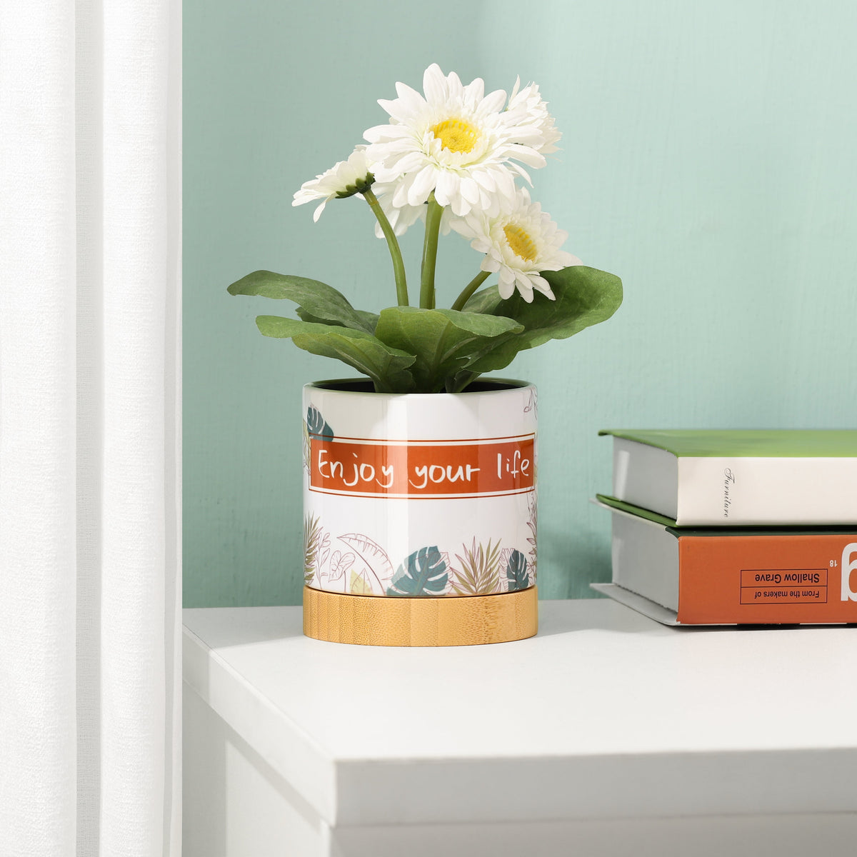 Ceramic Plant Pot with Bamboo Base