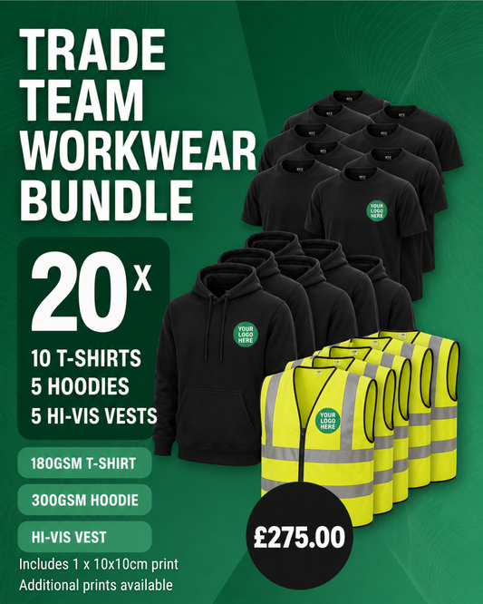 Trade Team Workwear Bundle - 10 T-Shirts + 5 Hoodies + 5 Hi-Vis Vests, Custom Printed