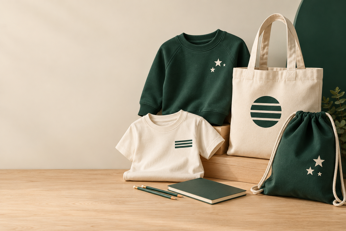 Children's sweatshirt and T-shirt, tote bag and drawstring bag printed with stars and stripes, with a notebook
