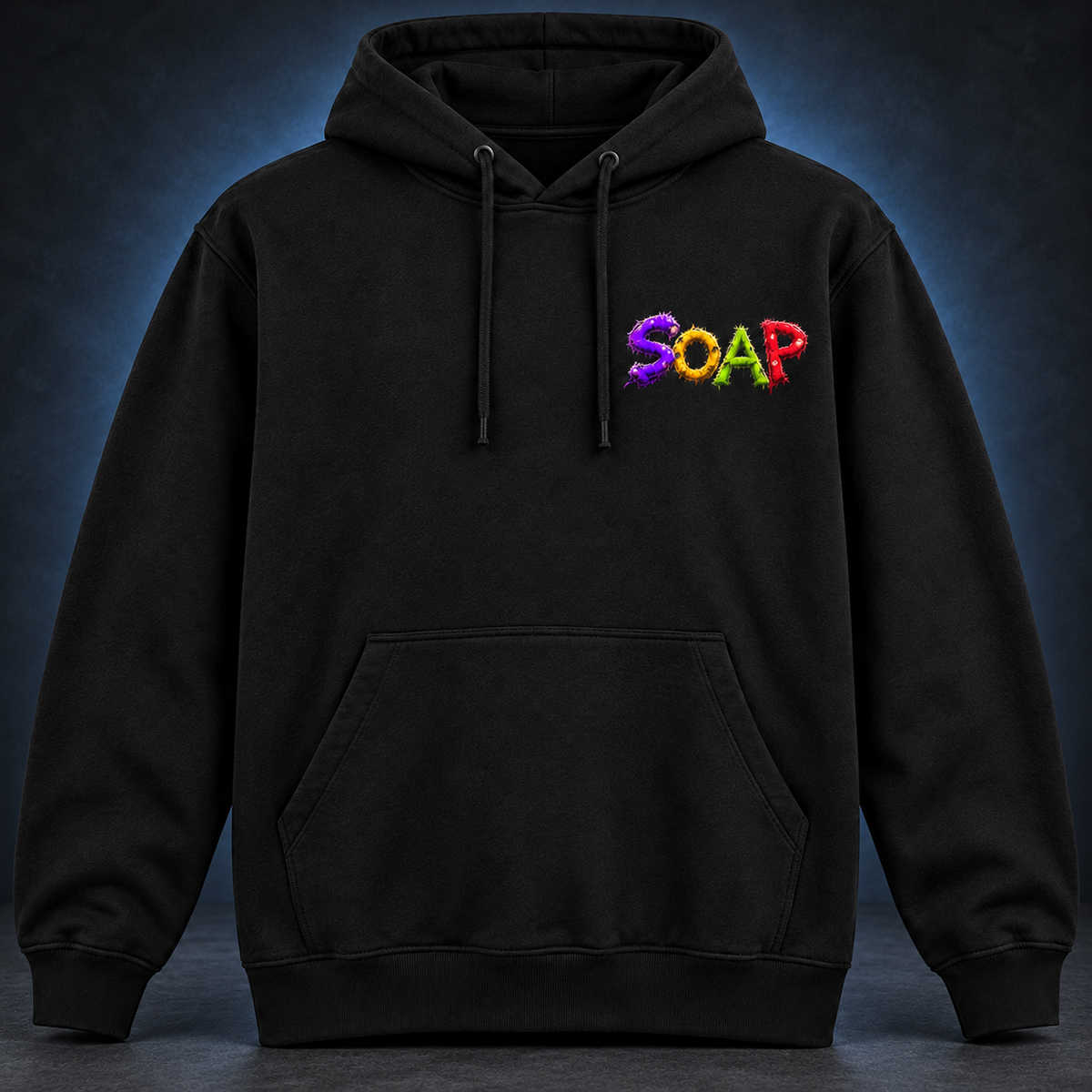 Front of the black SOAP After Dark hoodie with a small SOAP wordmark in purple, yellow, green and red on the chest