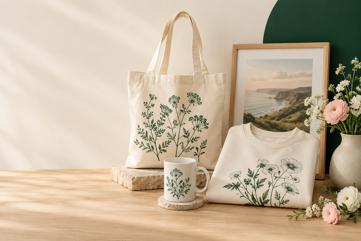 Tote bag, T-shirt and mug printed with wildflowers, with a framed coastal photo and flowers
