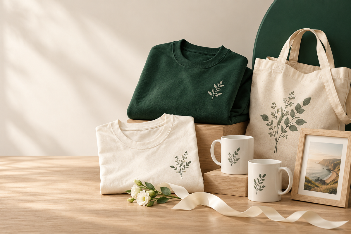 Green sweatshirt, cream T-shirt, tote bag, mugs and a framed photo with botanical prints