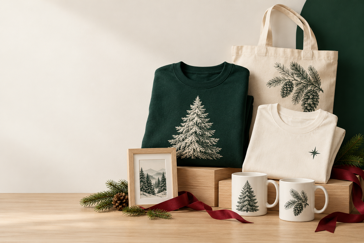 Green sweatshirt printed with a pine tree, tote bag, T-shirt, mugs and a framed winter print