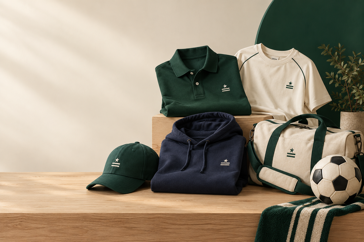 Green polo, cream sports top, navy hoodie, cap and holdall with a club badge, and a football