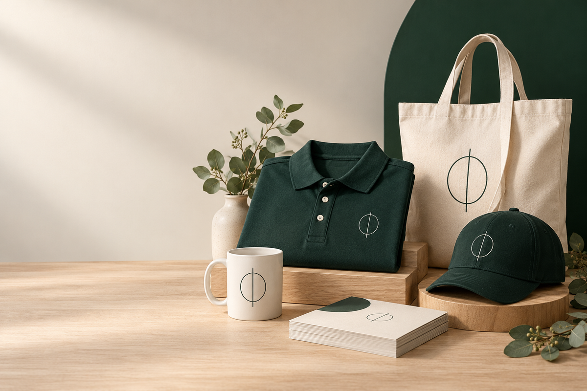 Green polo shirt, cap, canvas tote bag, mug and cards printed with the same logo