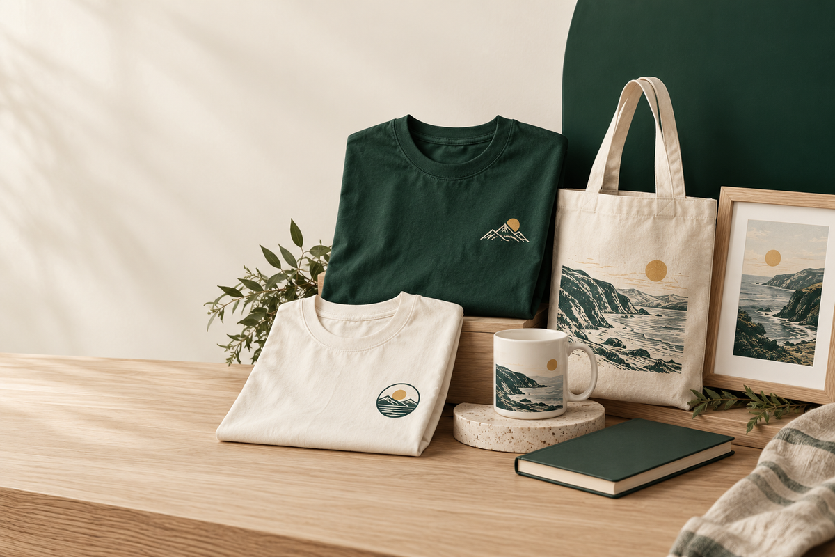 Green and cream T-shirts, tote bag, mug and framed print with mountain and coast designs