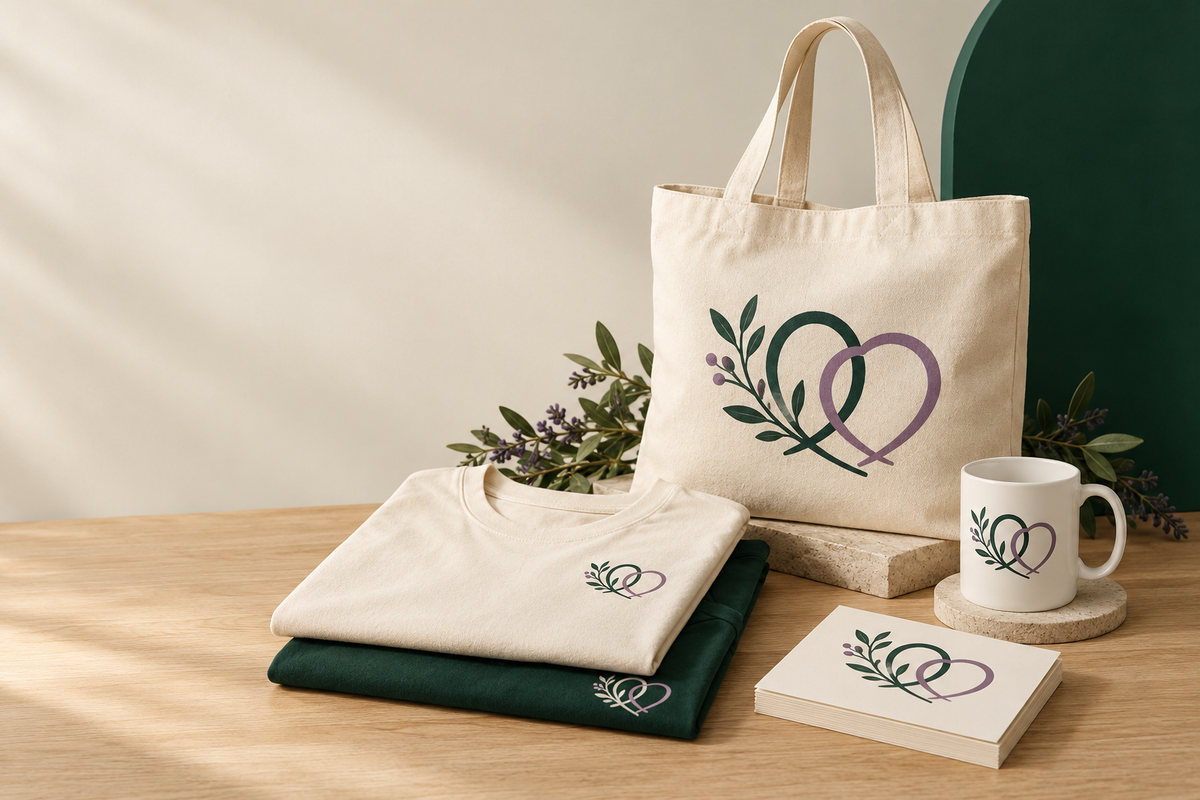 Tote bag, T-shirts, mug and cards printed with an entwined hearts design