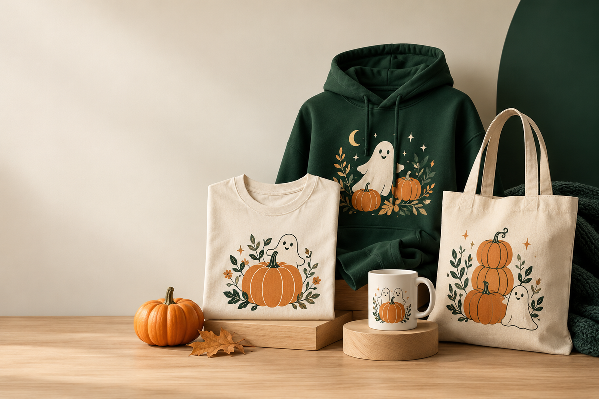 Green hoodie, cream T-shirt, tote bag and mug printed with friendly ghosts and pumpkins