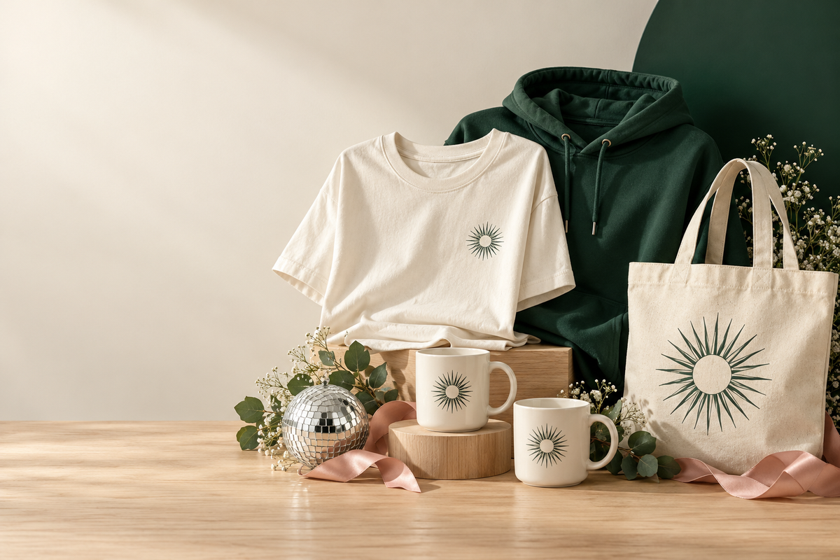 Cream T-shirt, green hoodie, tote bag and mugs printed with a sunburst, with ribbons and a disco ball