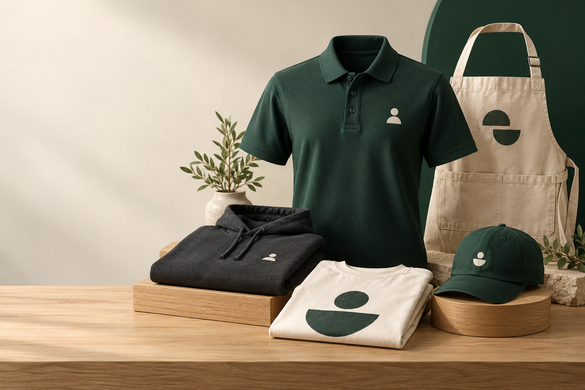 Forest green polo shirt, black hoodie, printed T-shirt, apron and cap with matching logos