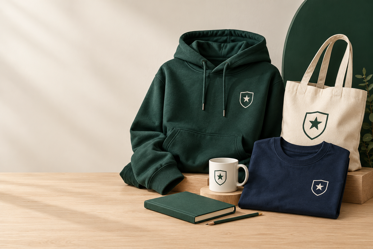 Green hoodie, navy T-shirt, tote bag and mug printed with a shield crest, with a notebook