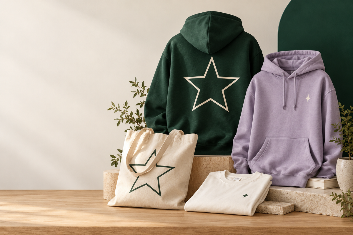 Forest green and lavender hoodies, tote bag and T-shirt printed with a star