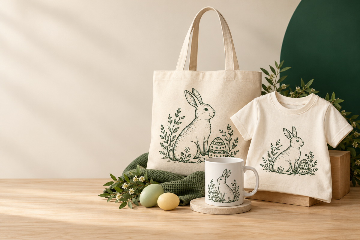 Tote bag, children's T-shirt and mug printed with a rabbit and Easter eggs