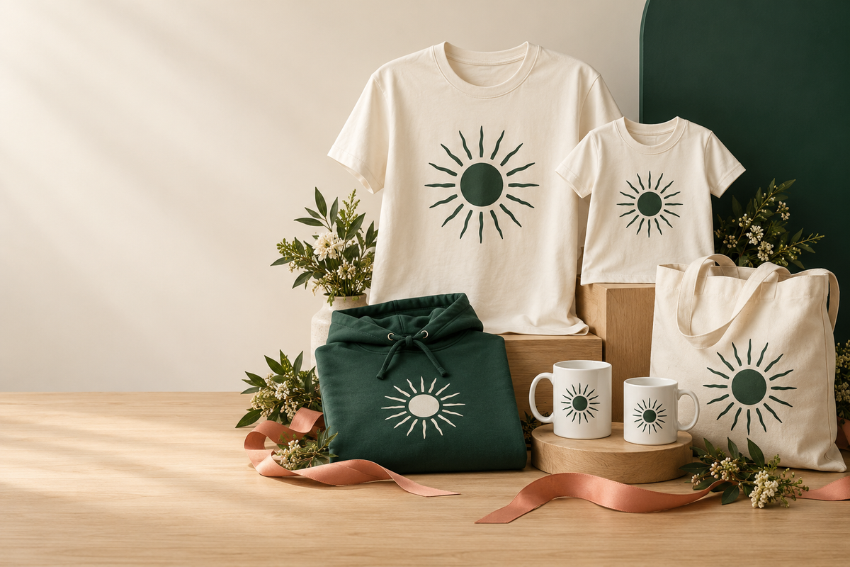 Matching adult and children's T-shirts, green hoodie, mugs and tote bag printed with a sun