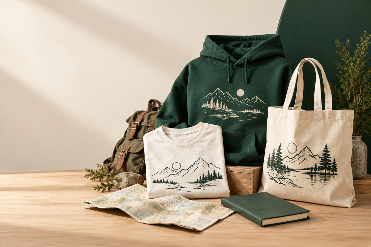 Green hoodie, cream T-shirt and tote bag printed with mountains, with a rucksack, map and notebook