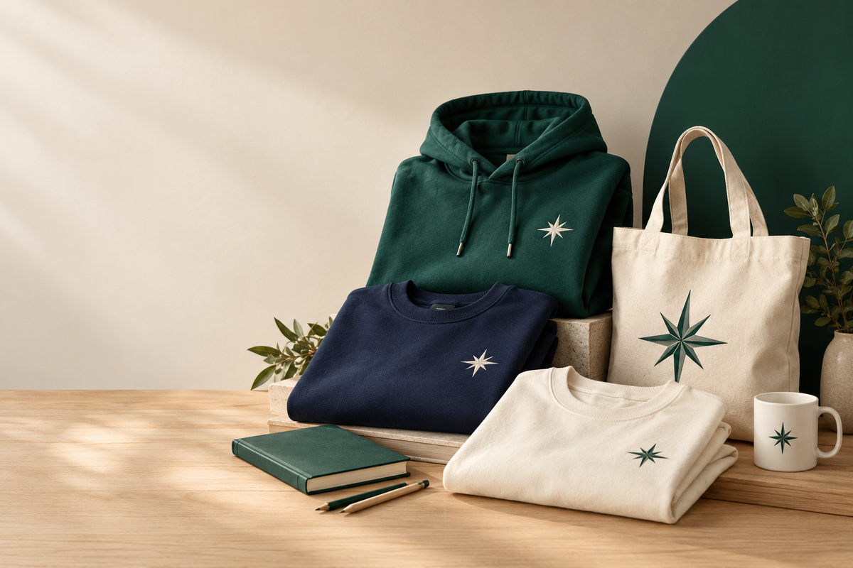 Green hoodie, navy sweatshirt, cream T-shirt, tote bag and mug printed with a star, with a notebook and pencils
