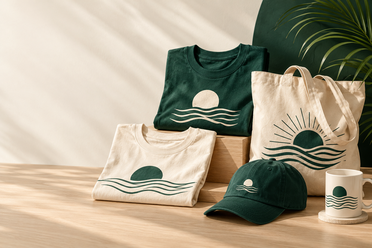 Green and cream T-shirts, tote bag, cap and mug printed with a sun setting over waves