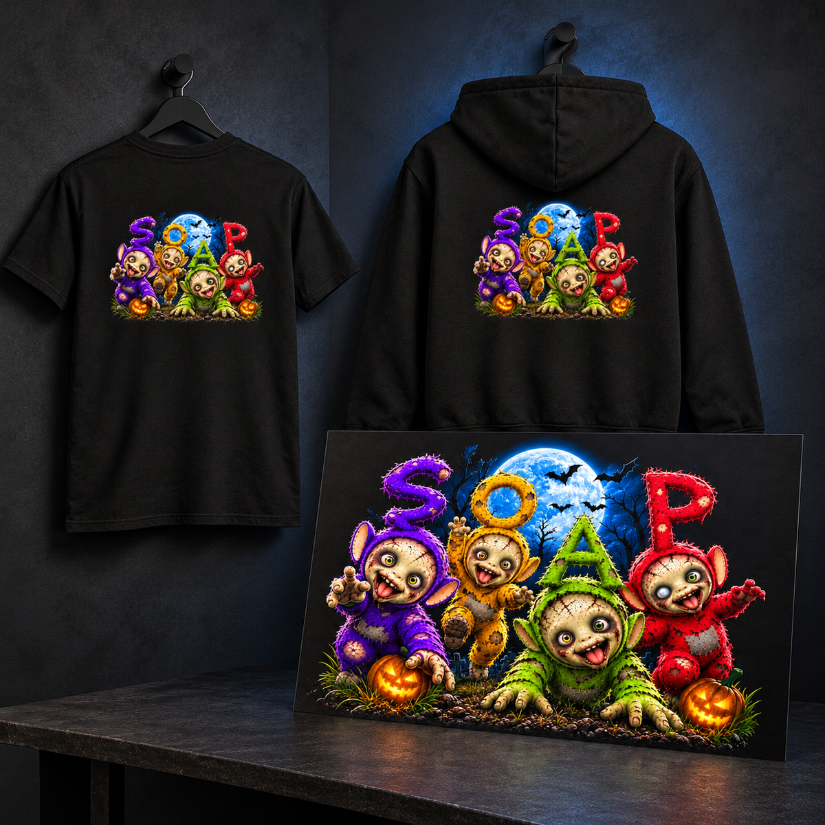 Mockup of the Halloween artwork on a black T-shirt and black hoodie, beside a print of the full artwork
