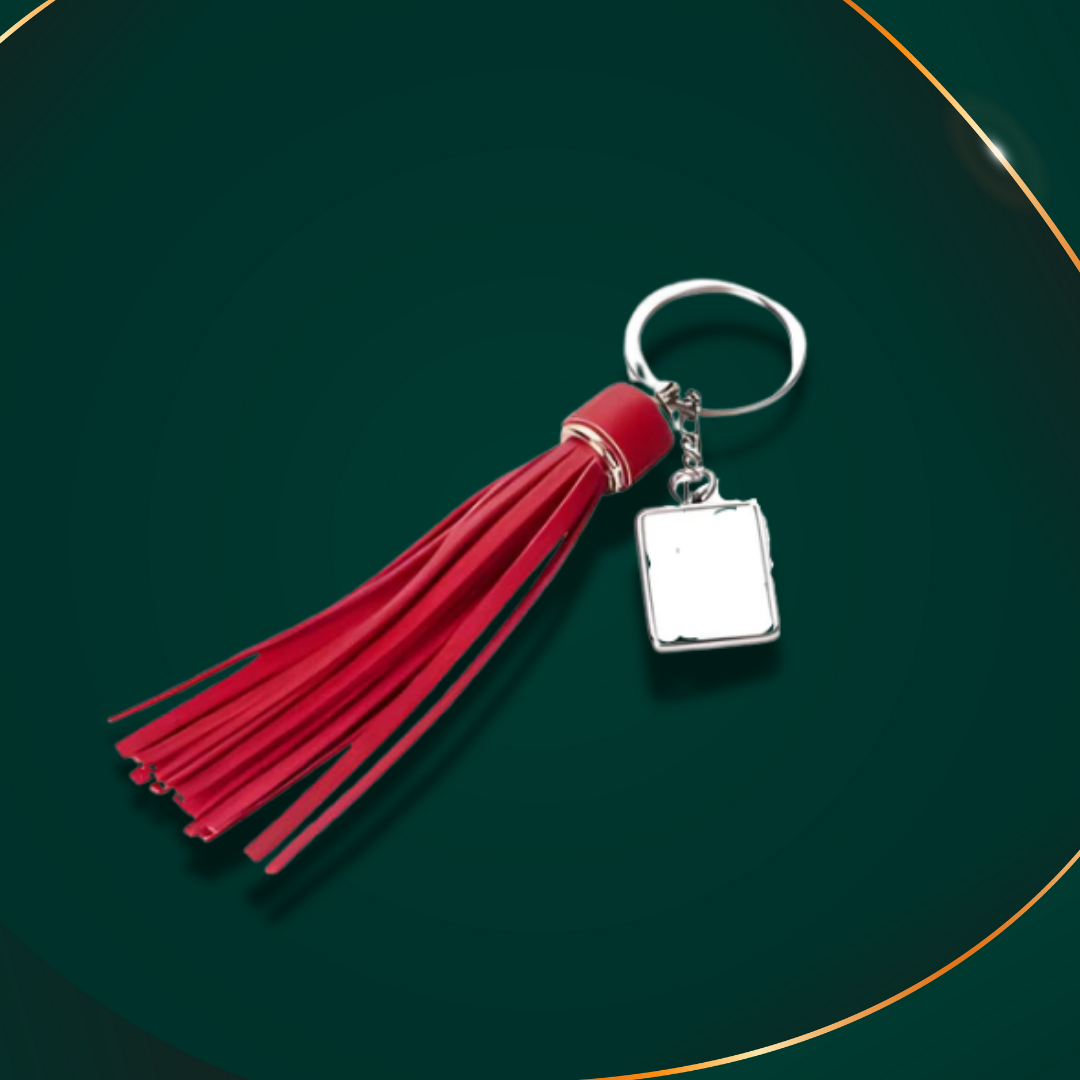 Customisable Keyring - Metal & PU key ring- Rectangle - Red Long Tassel