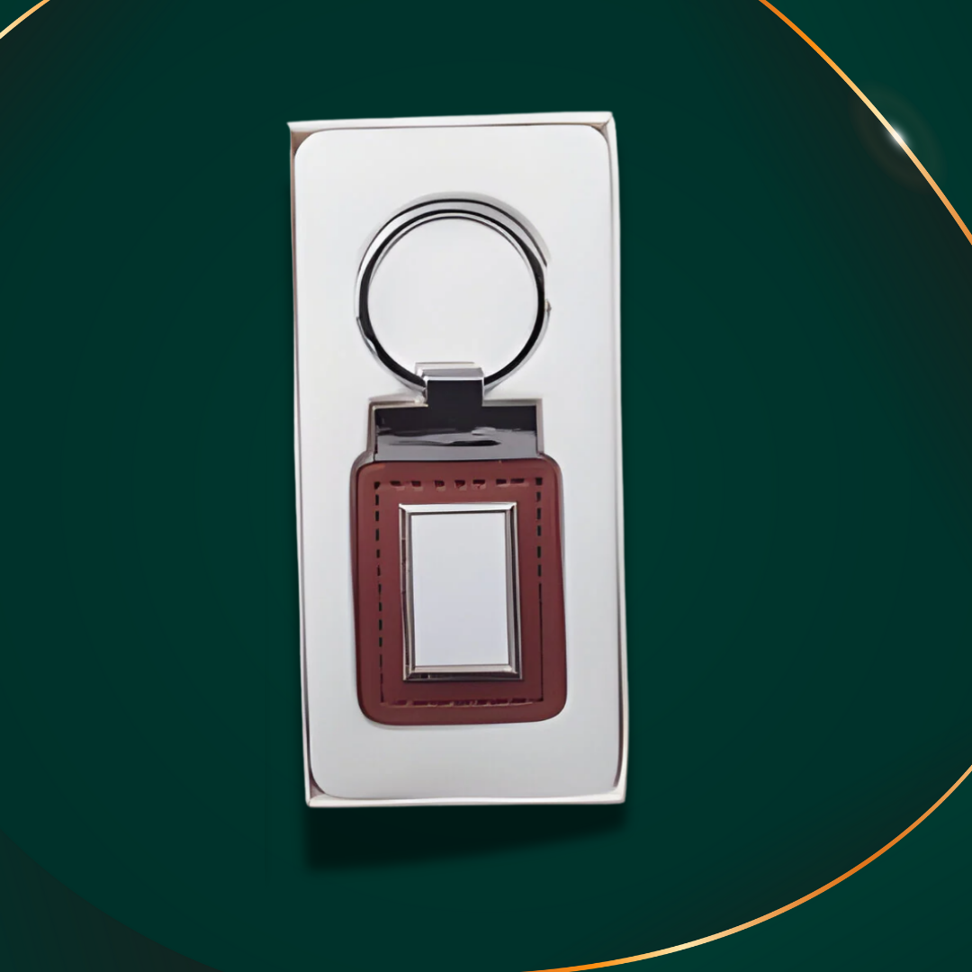 Customisable Keyring - Metal & PU key ring- Rectangle - Brown