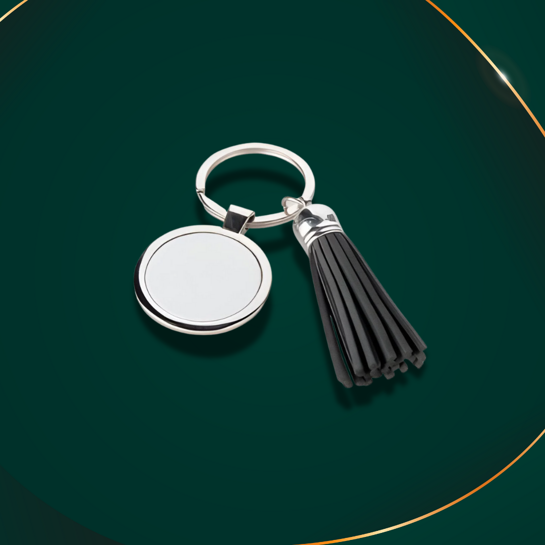 Customisable Keyring - Metal & PU key ring- Round - Black - Short Tassel