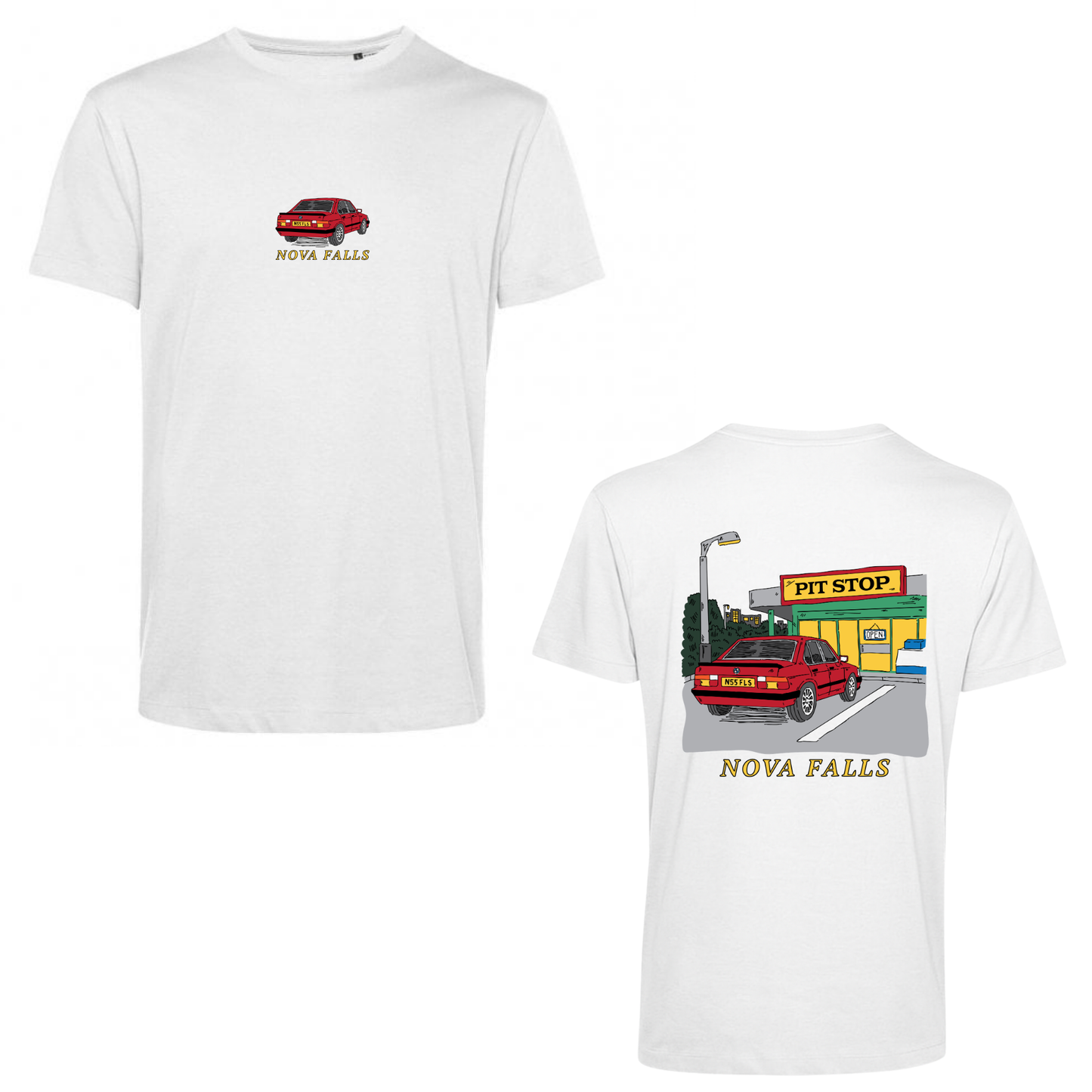 Nova Falls “Pit Stop” Fitted T-Shirt (WHITE EDITION)