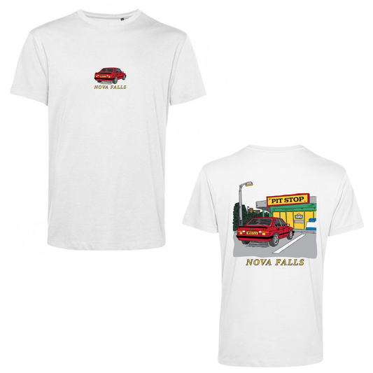 Nova Falls “Pit Stop” Fitted T-Shirt (WHITE EDITION)