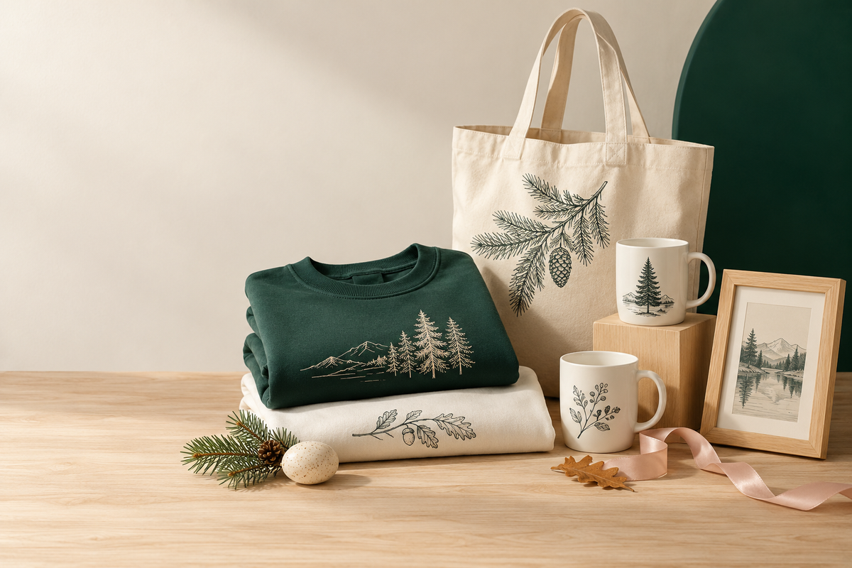 Green sweatshirt, tote bag, mugs and a framed print with pine and forest designs