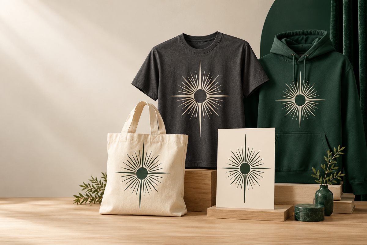 Charcoal T-shirt, green hoodie, tote bag and card printed with a starburst