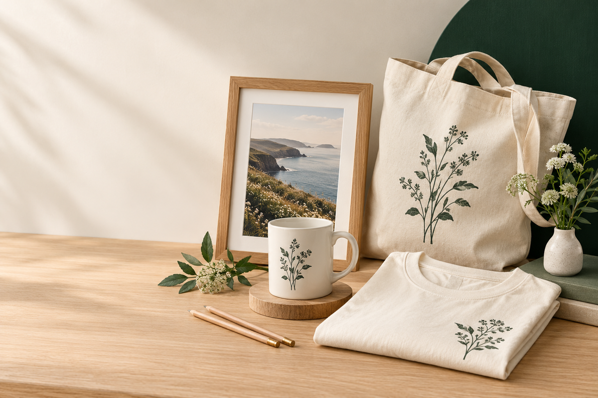 Tote bag, T-shirt and mug printed with botanical sprigs, with a framed photo and pencils