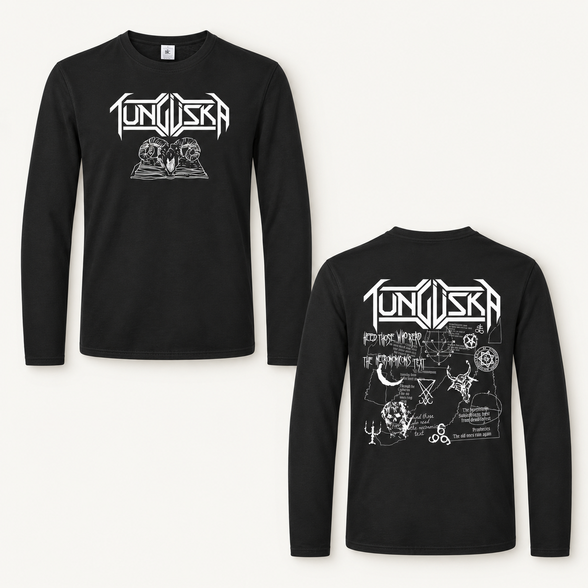 Tunguska Necronomicon long sleeve T-shirt, front and back view