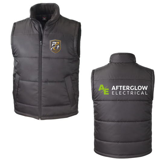 Prime Path Football Coaching gilet in black with club crest on the chest and Afterglow Electrical logo on the back