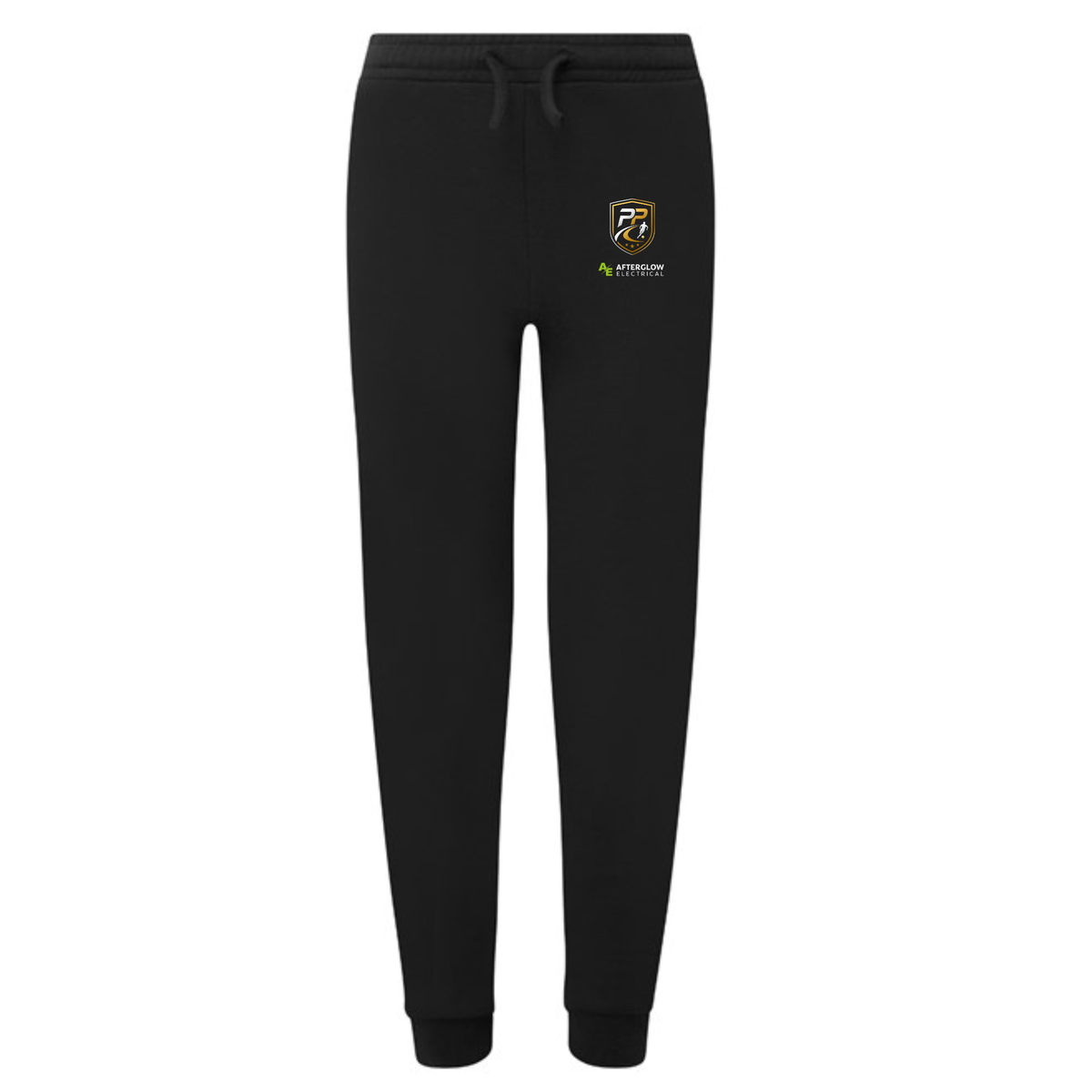 Prime Path Football Coaching kids' joggers in black with club crest and Afterglow Electrical logo on the left thigh
